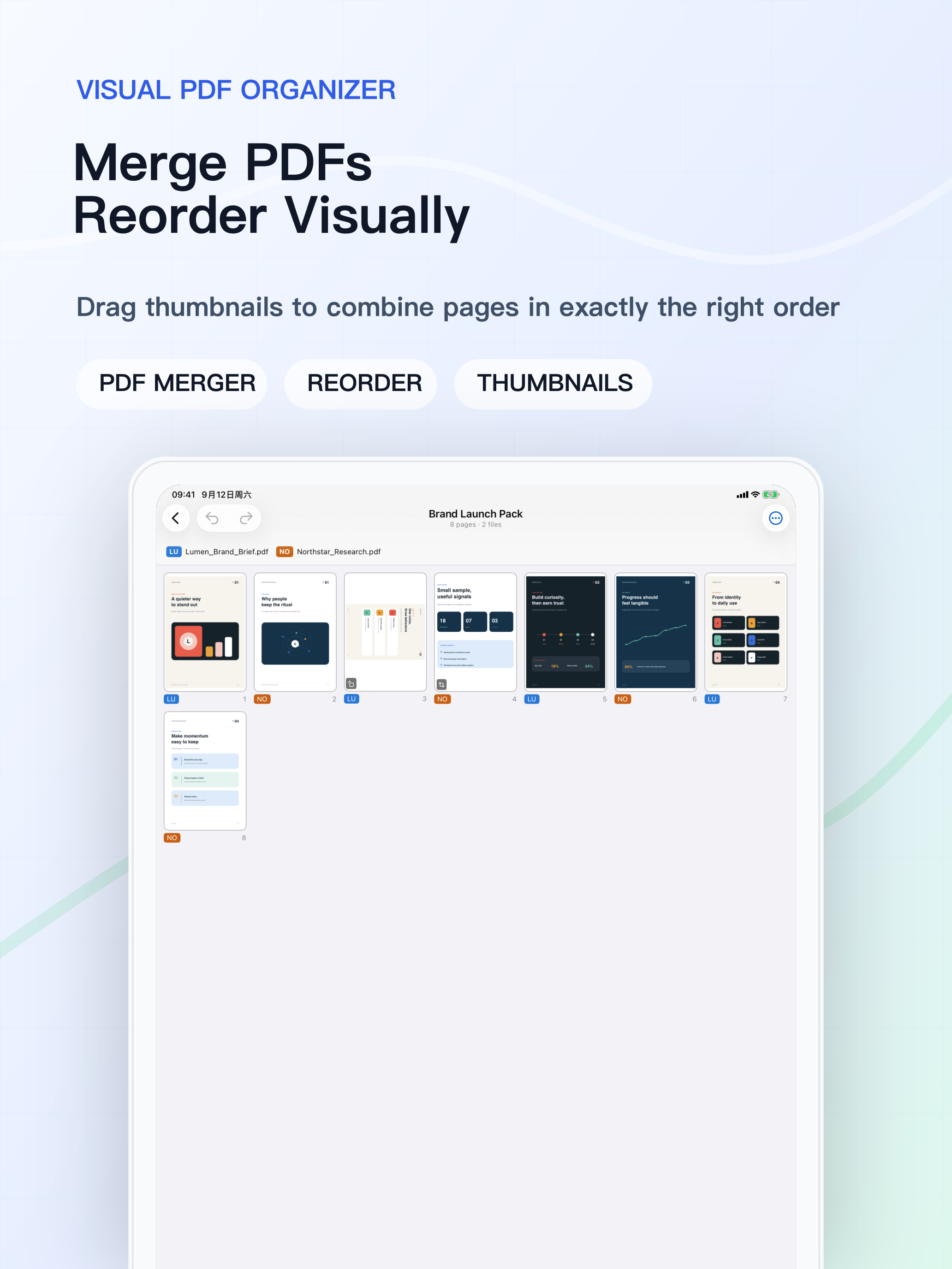 Visually organize pages from multiple PDFs on iPad