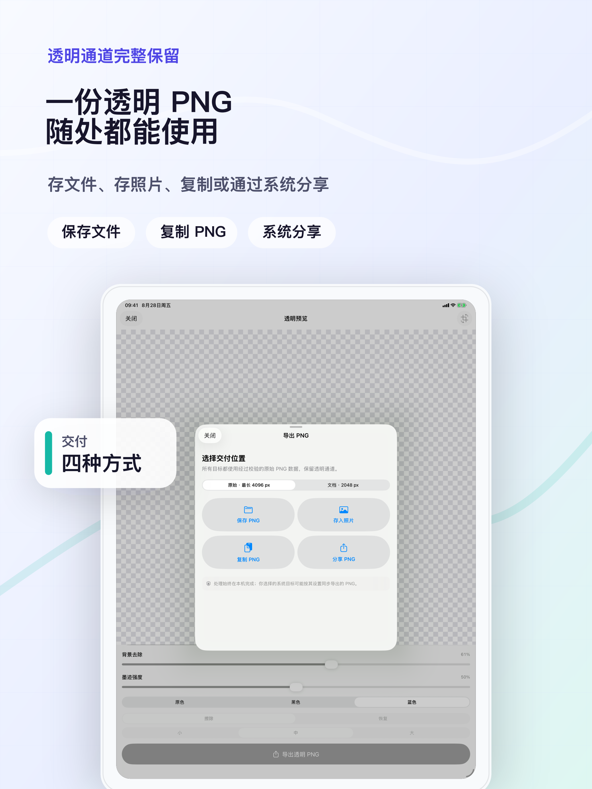iPad 导出面板提供 Files、Photos、复制和系统分享四种方式。